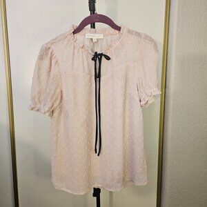 Monteau Pearls Women's Blouse Soft Pink with Black front Tie/Size S
